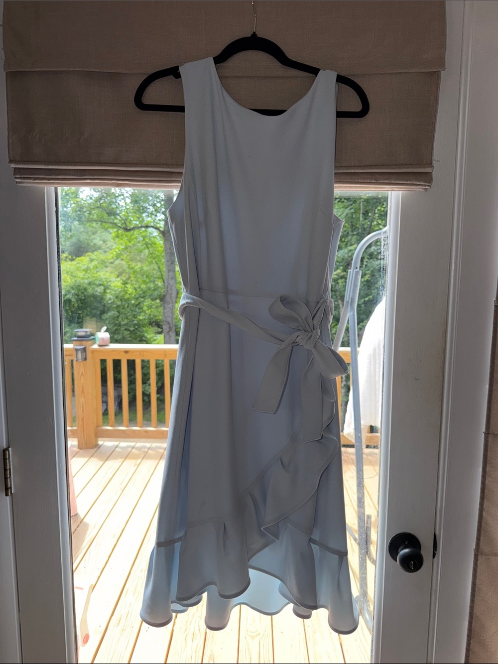 Calvin Klein Light Blue Sleeveless High-Low Ruffle Dress with Tie Waist